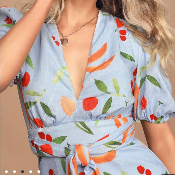 Finders Keepers Calypso Light Blue Fruit Print Puff Sleeve Mini Dress NWT Small - Picture 4 of 13